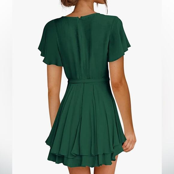Fall Flowy Green cocktail mini dress with waist tie and ruffle - Picture 3 of 4